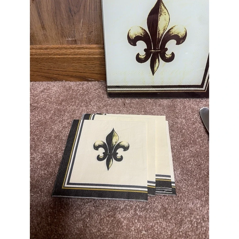vintage Glass Square Cutting Board w/Plastic Fleur-de-lis 7.75